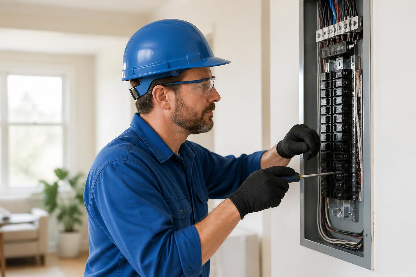 Licensed electrician installing a modern electrical panel in a Bellingham home